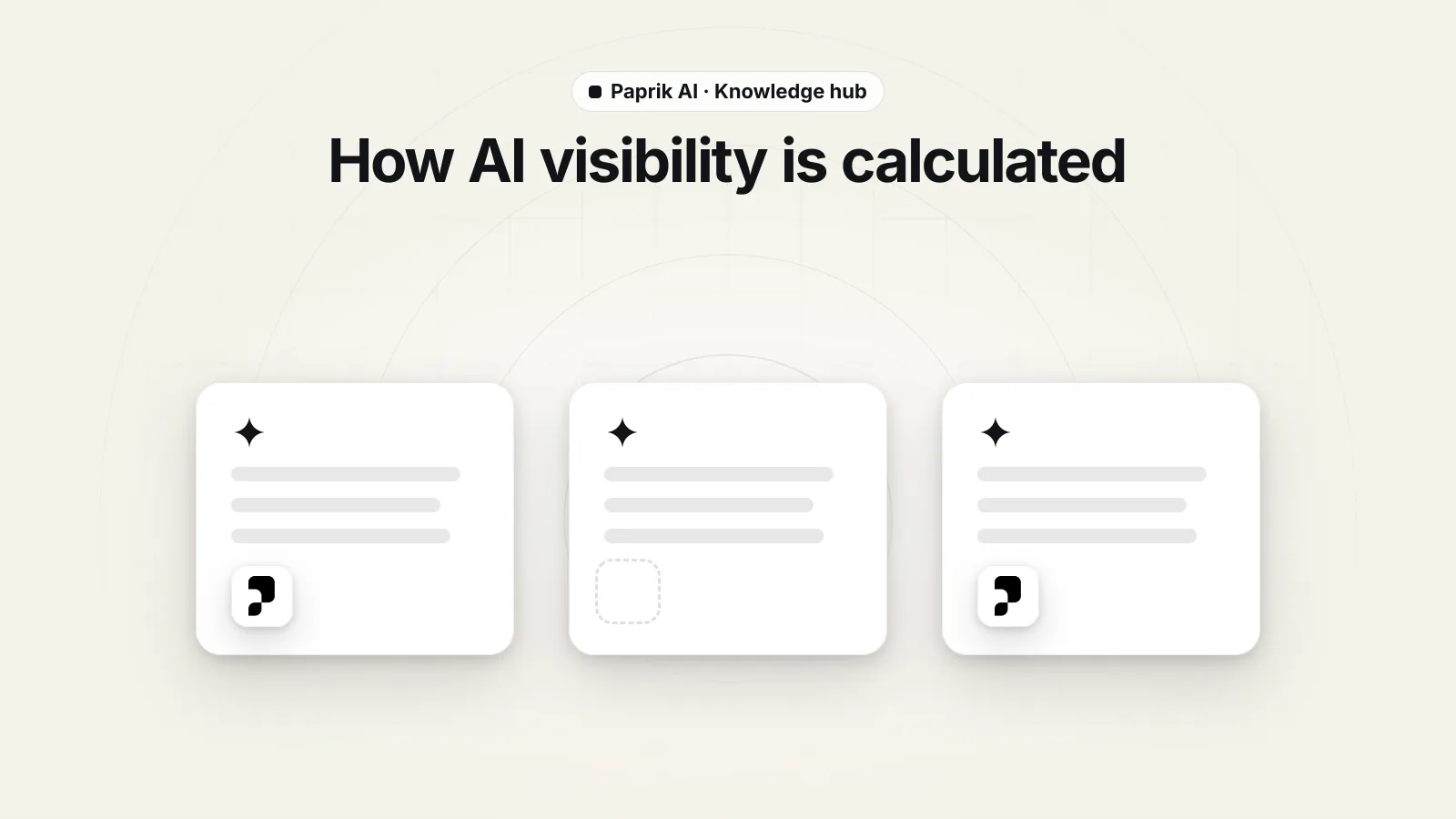 Three AI answer cards side by side; the first and third name Paprik, and the middle one has an empty dashed slot where the brand would be.