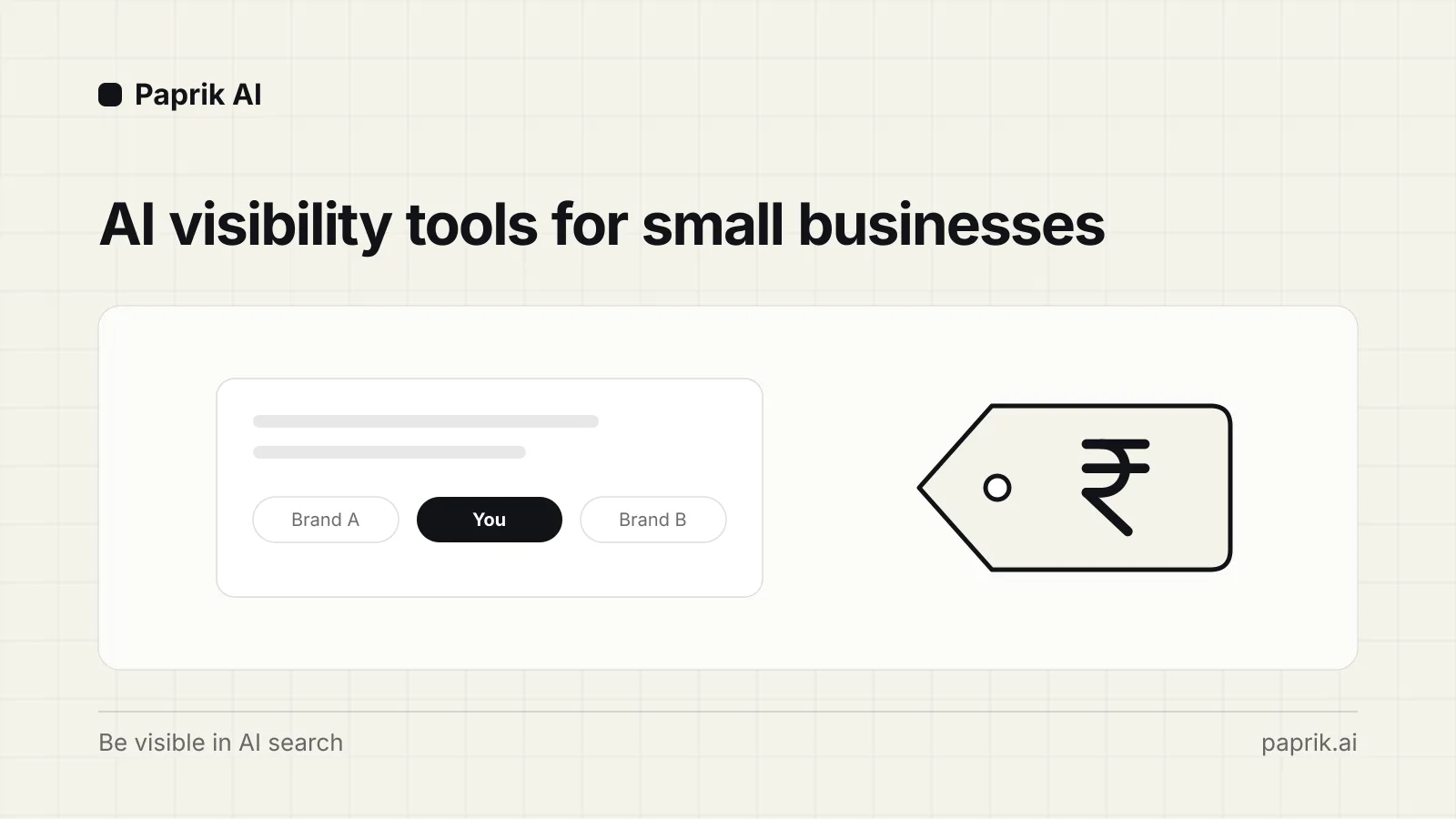 An AI answer card listing brand chips with one highlighted as You, next to a large rupee price tag on a warm off-white cover.