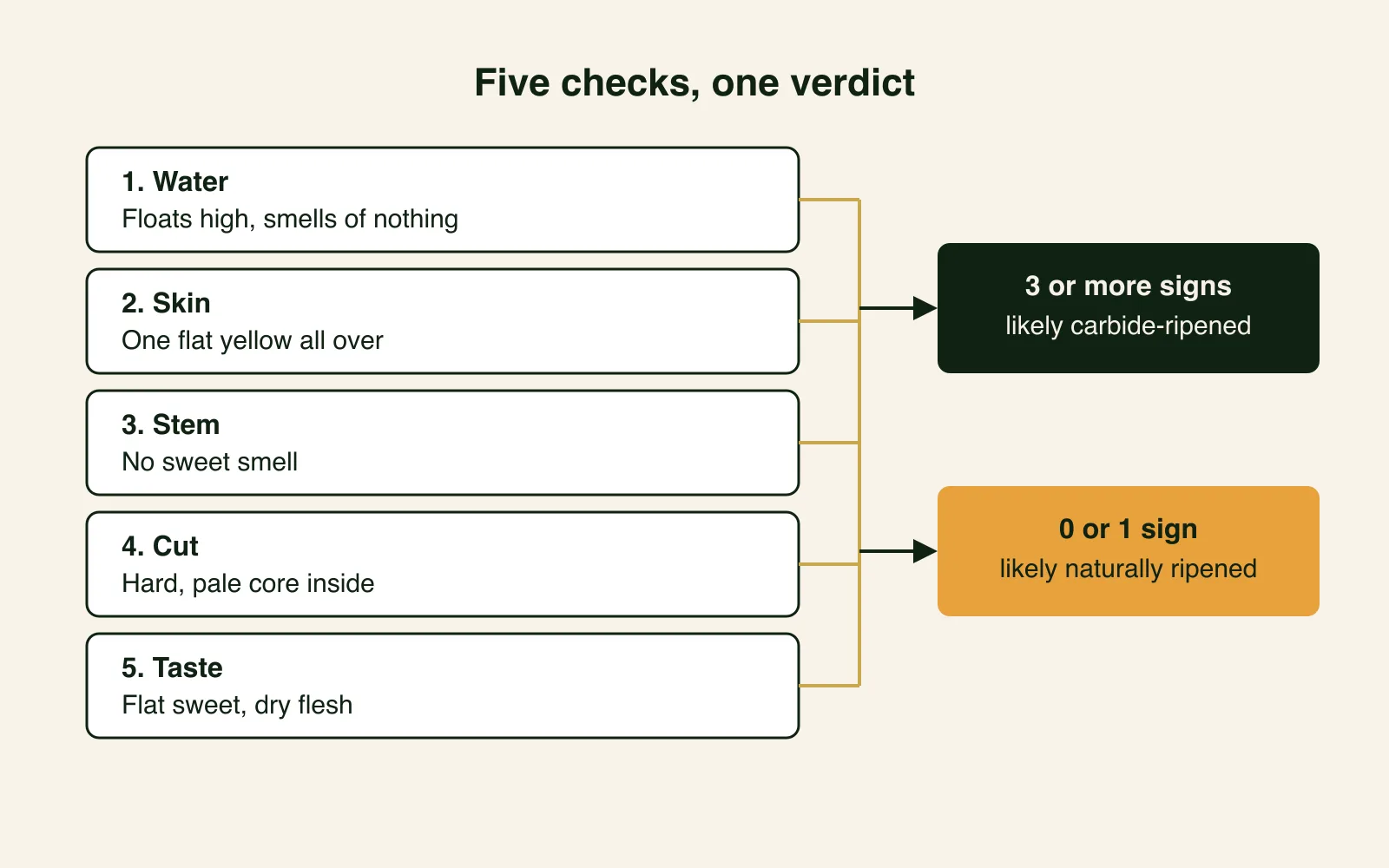 Flowchart of five home checks — water, skin, stem, cut and taste — leading to two verdicts: three or more signs means likely carbide-ripened, zero or one sign means likely naturally ripened.