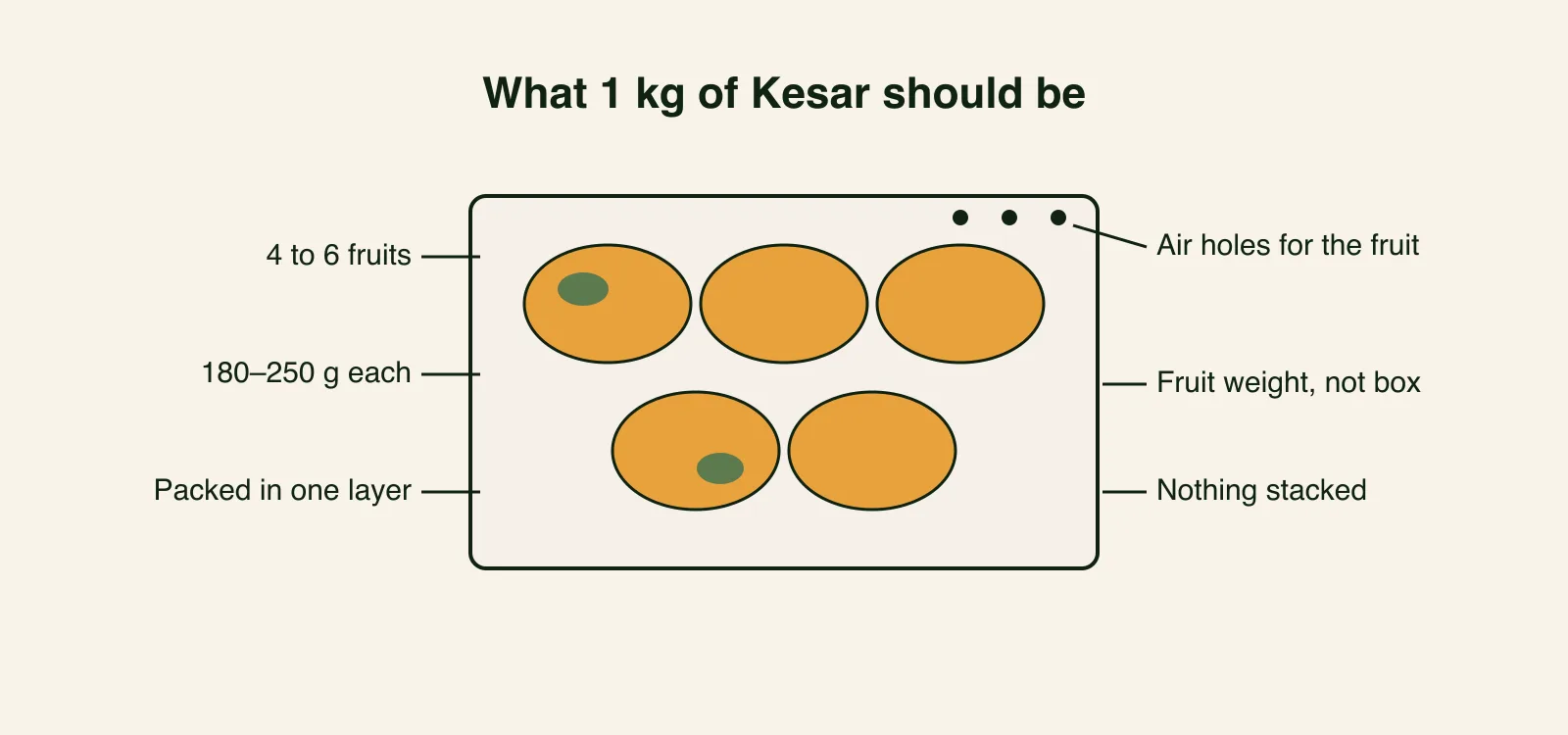 Diagram of an honestly packed 1 kg Kesar box — five mangoes in a single layer, labels noting 4 to 6 fruits of 180 to 250 grams each, net fruit weight excluding the box, air holes, and nothing stacked.